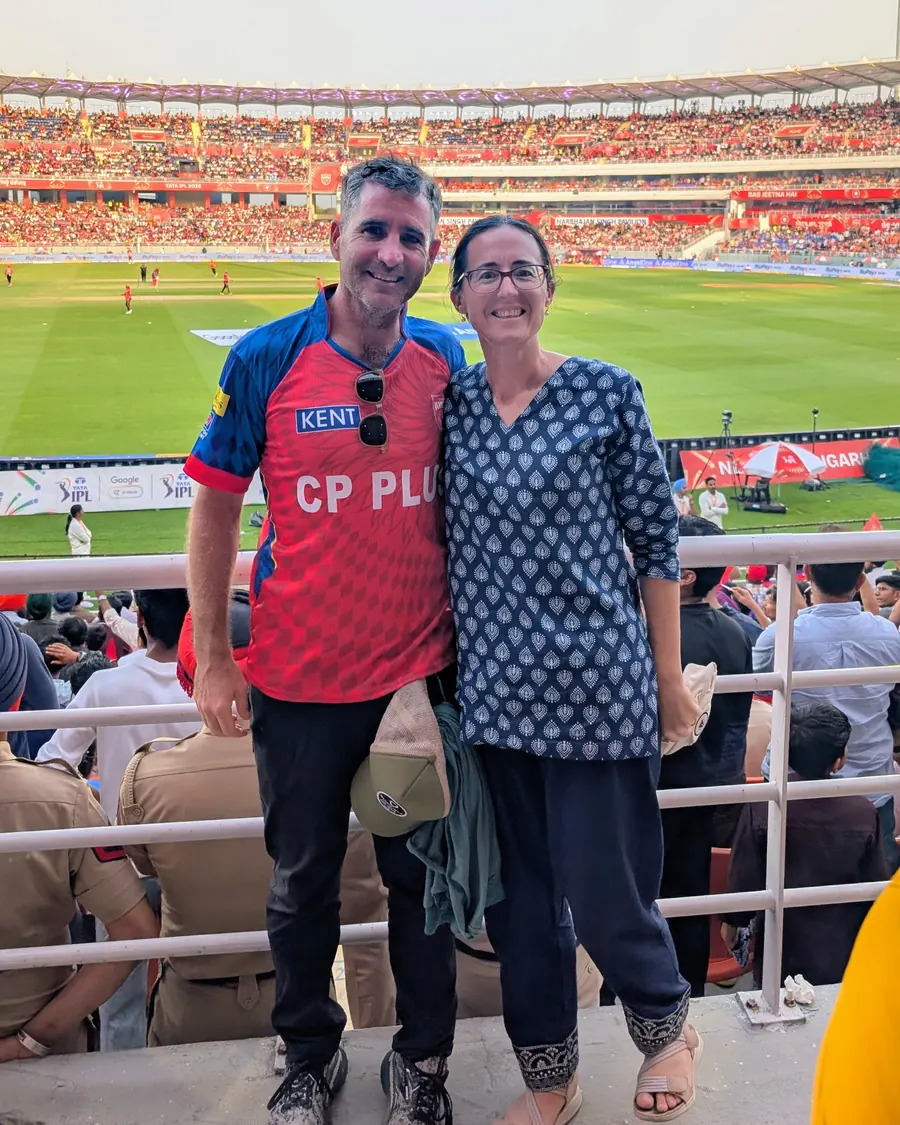 Leon and his wife in the stands at Mullanpur as the evening match begins